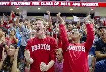 Jon Winkler (left) (ENG 19) and Rohin Banerji (ENG 19) cheer as their class is introduced during The Class of 2019 Matriculation ceremony on Sunday, August 30, 2015  Photo By Jackie Ricciardi for Boston University Photography