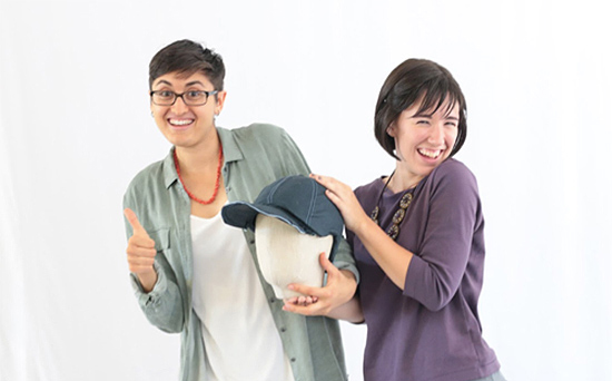 Renee Nassar and Diana Smith with a prototype of their protective headgear for teachers of Autistic children