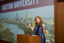Nicole Hurd, Founder and CEO of College Advising Corps announces that BU is becoming a "partner university" to the College Advising Corps September 28, 2015 at the Sherry and Alan Leventhal Center