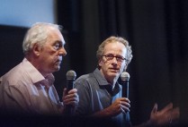 COM professor Dick Lehr and Gerard O'Neill  answer questions from students following a private screening of Black Mass in Boston on Thursday, September 17, 2015.   Photo By Jackie Ricciardi for Boston University Photography