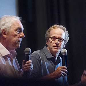 COM professor Dick Lehr and Gerard O'Neill  answer questions from students following a private screening of Black Mass in Boston on Thursday, September 17, 2015.   Photo By Jackie Ricciardi for Boston University Photography