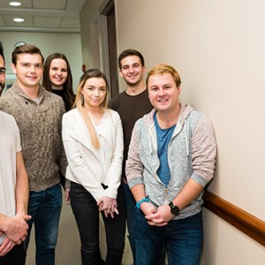 The six Questrom students who got the restrooms’ designation changed are Benji Hadar (Questrom’16) (from left), Alex Paroda (Questrom’16), India Mazzarelli (Questrom’17), Halle Gecawich (Questrom’16), Zach Cracknell (Questrom’16), and Zack Robinson  (Questrom’16). Photo by Dana J. Quigley