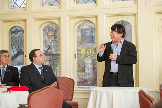Speaking at the award ceremony were <em>Washington Post</em> foreign editor Douglas Jehl (from left), Ali Rezaian, and BU trustee Hugo Shong (COM’87). Photos by Cydney Scott