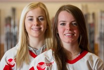 Forward right wing Rebecca Leslie (Questrom'18), left, and forward center Victoria Bach (CGS'18) of BU women's ice hockey players.