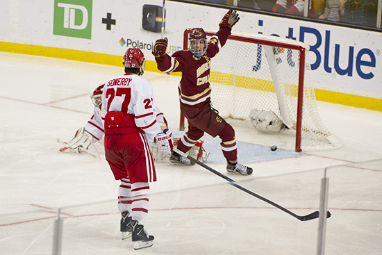 BC’s Zach Sanford after teammate Alex Tuch (not pictured) scored the Eagles overtime game-winner. It was a tough loss for Doyle Somerby (COM’17) and the Terriers. <em>Photo by Andy Costello</em>