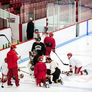 The BU club hockey team players practicing at Walter Brown Arena before heading to their first-ever national tournament. Photos by Jackie Ricciardi