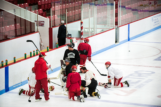 The BU club hockey team players practicing at Walter Brown Arena before heading to their first-ever national tournament. Photos by Jackie Ricciardi