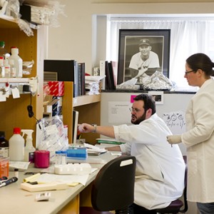 Research, like that done by fellow Katrina Traber and Greg Wasserman (MED’16) in BU’s Pulmonary Center, earned the School of Medicine a best-ever ranking from US News. Photo by Cydney Scott