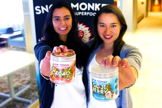 Mariana Ferreira (Questrom’16) (left) and Rachel Geicke (SHA’15) returned to campus in February to hand out samples of their über-successful Snow Monkey superfood. Photo by Alexandra Wimley (COM'16)