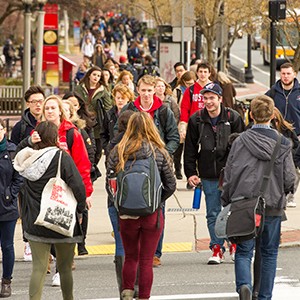 Boston University students walking along Commonwealth Ave, Charles River Campus