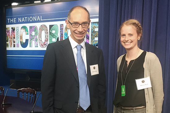 Professor Daniel Segrè and PhD candidate Allyson Byrd at the White House launch of the National Microbiome Initiative