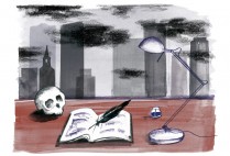 Illustration: journal, skull and lamp on desk