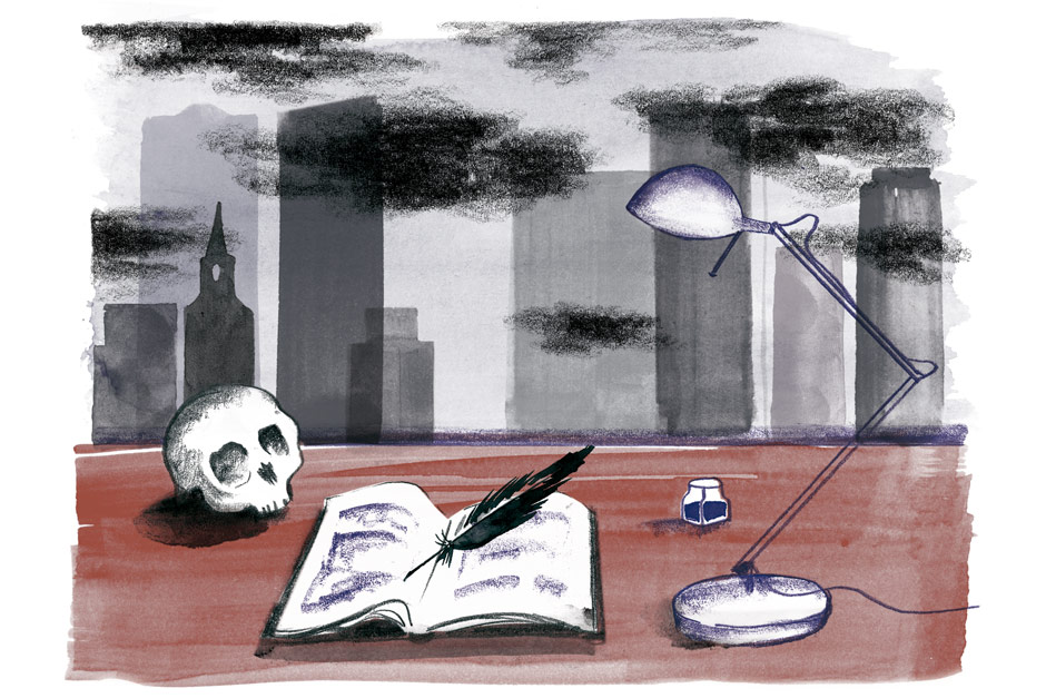 Illustration: journal, skull and lamp on desk