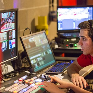 Justin Akiva (COM’16) and Caroline Rickert (COM’18) directing a recent BUTV10 show. Photo by Dana J. Quigley