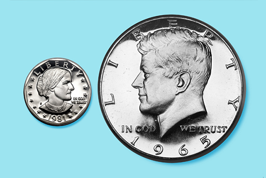 susan b. anthony dollar coin and john f. kennedy half-dollar coin