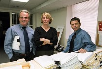 Journalists Stephen Kurkjian, Michael Rezendes, and Sacha Pfeiffer of the Boston Globe Spotlight team