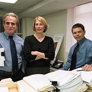 Journalists Stephen Kurkjian, Michael Rezendes, and Sacha Pfeiffer of the Boston Globe Spotlight team