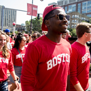 Incoming freshmen march down Commonwealth Avenue during the ceremonial procession to the 2016 Boston University Matriculation Ceremony