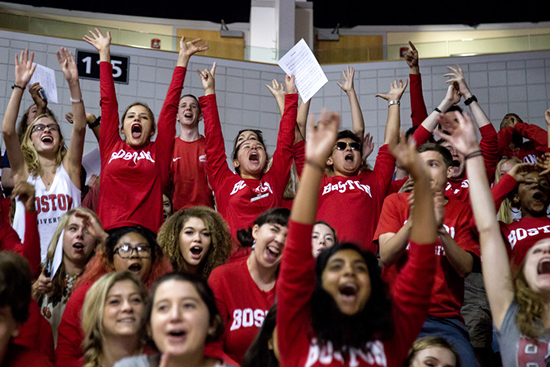 College of Fine Arts freshmen cheer as their college is announced during the 2016 Boston University Matriculation Ceremony for the Class of 2020 at Agganis Arena