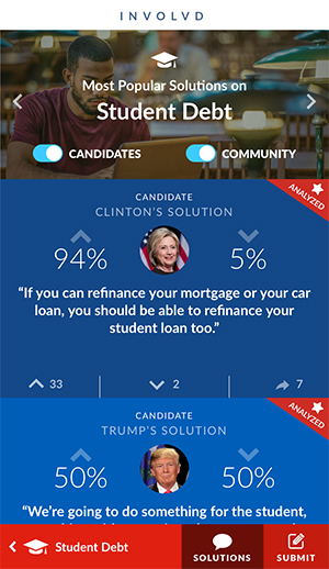 Screenshot of the Student Debt Solutions page of the INVOLVD: Democracy is not a Spectator Sport iPhone app