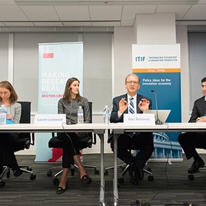 Elizabeth Grossman, Lauren Lockwood, Azer Bestravos, and Daniel Castro discuss smart cities at a panel discussion in Washington