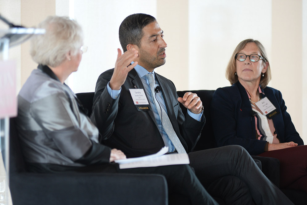 Sandro Galea, Robert A. Knox Professor and dean of the School of Public Health, with Jean Morrison (left), University provost and chief academic officer, and Ann Cudd, dean of Arts & Sciences and a professor of philosophy, on the panel Building Global Citizenship: The Role of the University.