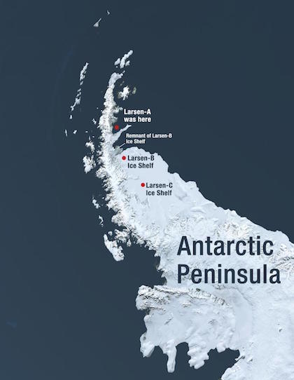 Graphic map of the Antarctic Peninsula marking location of different ice shelfs