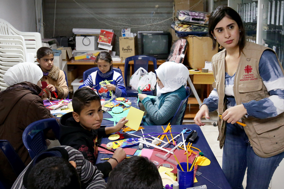 Psychologist Lina Zaarour runs an art therapy class for Syrian refugee children