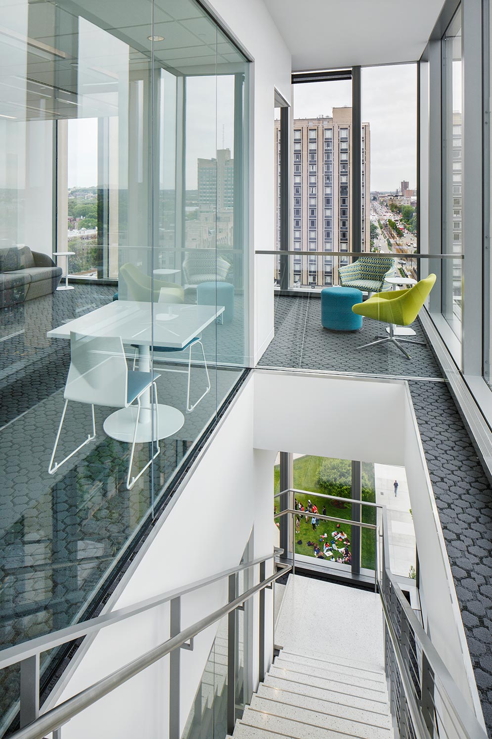 View of the communicating staircase collaboration space at the Rajen Kilachand Center for Integrated Life Sciences and Engineering science building at Boston University