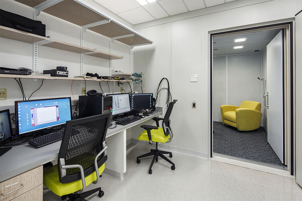 Testing room at the Center for Research in Sensory Communication & Emerging Neural Technology lab (CRESCENT lab) at the Rajen Kilachand Center for Integrated Life Sciences and Engineering science building at Boston University