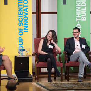 Karen Antman, Kenneth Lutchen, Xue Han, Ahmad “Mo” Khalil, and Darrell Kotton particpate in a panel discussion during the Nexus of Life Sciences and Engineering symposium at the Kilachand Center