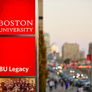 A Boston University sign on the BU Charles River Campus