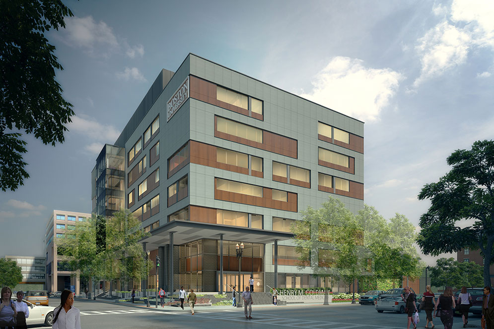 Improvements at the Henry M. Goldman School of Dental Medicine include a light filled patient entrance and patient- designated elevators. Clinical and other treatment space will increase by 60 percent.