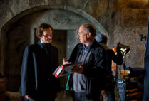 Filmmaker Eric Stange (right) with actor Denis O’Hare on location at Fort Independence, on Boston’s Castle Island.