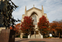 An Autumn view of Marsh Plaza and Marsh Chapel at Boston University