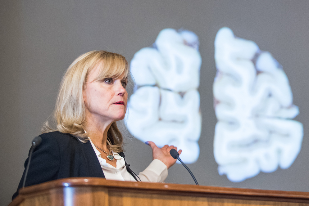 Boston University CTE expert Ann McKee speaks at a press conference showing results of research on the brain of former NFL player Aaron Hernandez who had CTE
