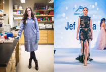 BU postdoctoral researcher Susan Finkbeiner in her lab, and on the runway during London Fashion Week in September.