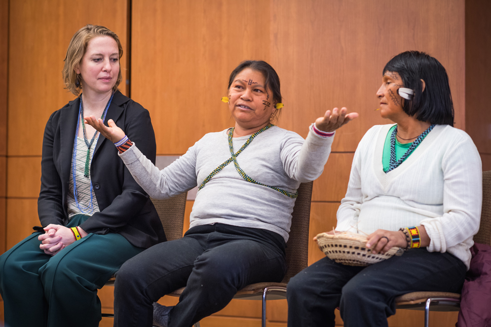 Julie Klinger, Pardee assistant professor of international relations (from left), with Yanomami women’s leaders Floriza da Cruz Pinto and Maria de Jesus Lima, speaking at BU Hillel about struggles over indigenous lands in the Brazilian Amazon. Photo by Jackie Ricciardi