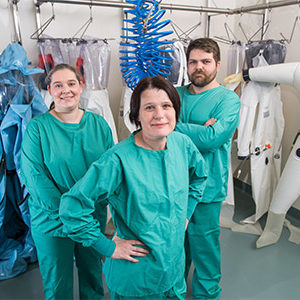 Biosafety Level 4 (BSL-4) researchers at Boston University's National Emerging Infectious Diseases Laboratories (NEIDL) Judith Olejnik, Elke Mühlberger, and Adam Hume
