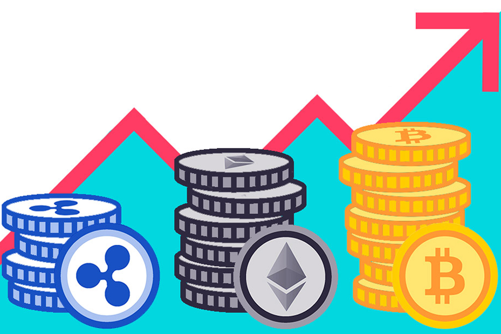 graphic depicting the rising value of Ripple, Ethereum, and Bitcoin