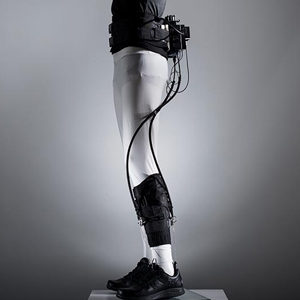 A medical exosuit designed to help stroke victims walk is displayed on a mannequin