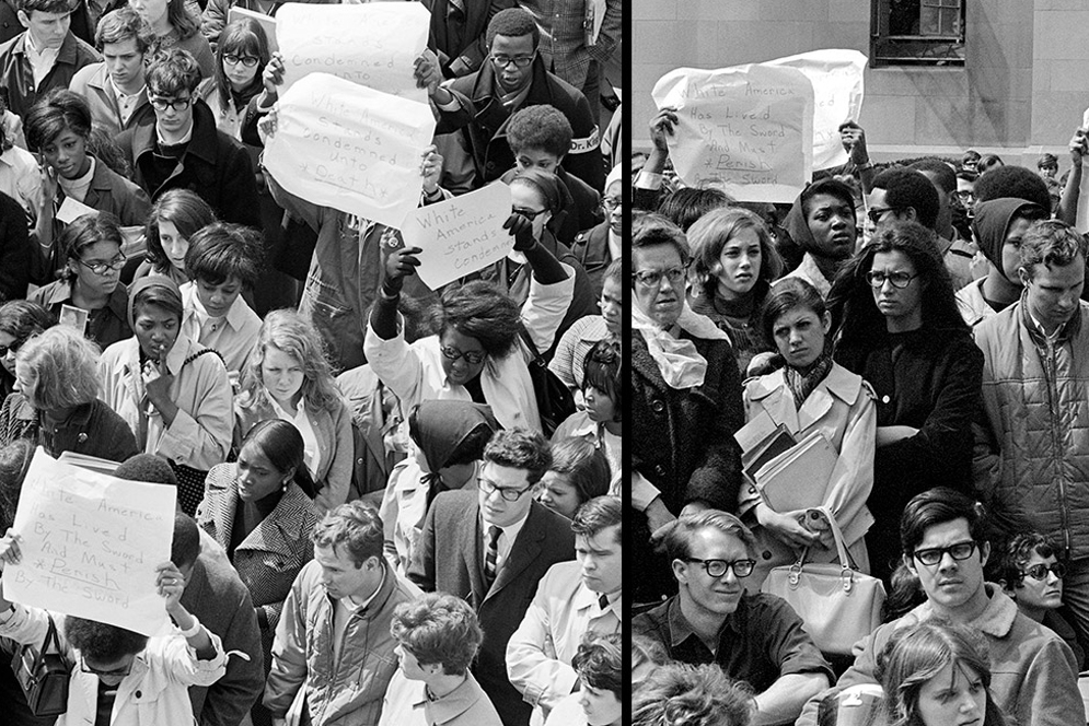 Students listen to speakers and hold signs at a memorial service on for Martin Luther King, Jr. the day after he was assassinated, Marsh Plaza, Boston University, 1968 