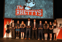 This year’s Rhetty Award-winners include Lesley Sheehan (SED’84) (from left), women’s tennis coach, Todd Klipp, BU senior vice president, Brittany Younan (CAS’17, Questrom’17, MET’18), Ally Hammel (CGS’17, Sargent’19), Jordan Greenway (CGS’17, CAS’19), Jack Wilson (Questrom’18), Conor Okmin (Questrom’18), Lizzie Tillo (Questrom’18), Victoria Bach (CGS’16, COM’18), and Grace Anderson (CAS’18). Rachel Bloznalis (Sargent’17, SPH’19) was not able to attend. Photo by Steve Babineau