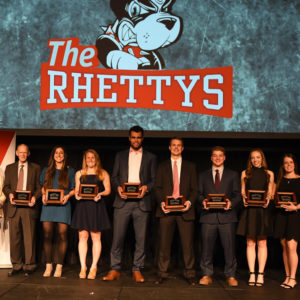 This year’s Rhetty Award-winners include Lesley Sheehan (SED’84) (from left), women’s tennis coach, Todd Klipp, BU senior vice president, Brittany Younan (CAS’17, Questrom’17, MET’18), Ally Hammel (CGS’17, Sargent’19), Jordan Greenway (CGS’17, CAS’19), Jack Wilson (Questrom’18), Conor Okmin (Questrom’18), Lizzie Tillo (Questrom’18), Victoria Bach (CGS’16, COM’18), and Grace Anderson (CAS’18). Rachel Bloznalis (Sargent’17, SPH’19) was not able to attend. Photo by Steve Babineau