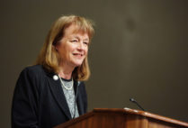 Alice Gast, who in 2014 became the first female president of Imperial College London, delivered BU’s fourth annual ARROWS lecture Thursday. Photo by Dave Green