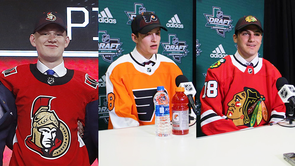 At last weekend’s NHL draft, Brady Tkachuk (CGS’19) (from left) went 4th overall to the Ottawa Senators; incoming freshman Joel Farabee (CGS’20) was chosen 14th by the Philadelphia Flyers; and incoming freshman Jake Wise (CGS’20) was picked up by the Chicago Blackhawks, 69th overall. Photo of Tkcachuk by Michael Ainsworth/AP Photo. Photos of Farabee and Wise courtesy of BU Athletics