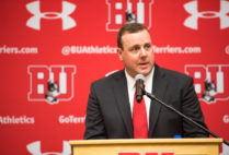“I wish the season started tomorrow,” Albie O’Connell said while being introduced as BU hockey’s new men’s head coach at a press conference at Agganis Arena on Wednesday. Photo by Cydney Scott