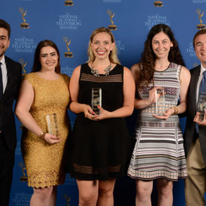 Accepting the award for best student sports program (BUTV10’s Offsides) were panelist Michael Alcaraz (COM’18, CAS’18) (from left); producer, director, and editor Marissa Dianas (COM’19); producer Jane Rose (COM’18); cohost Jessica Citronberg (COM’18); and producer Nick Neville (COM’18). Photo courtesy of the National Academy of Television Arts & Sciences (NATAS), Boston/New England Chapter