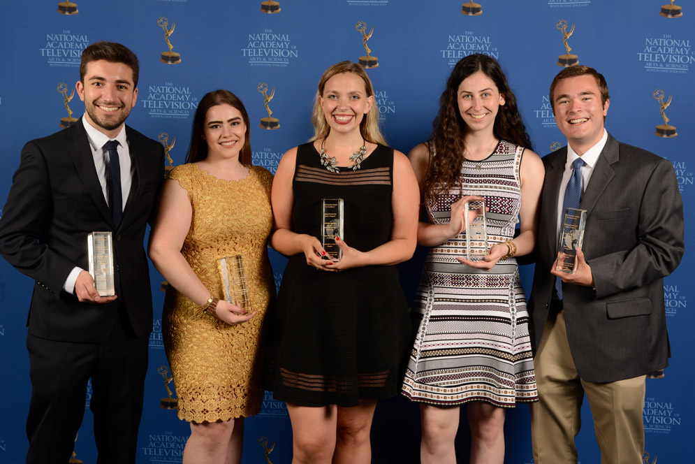 Accepting the award for best student sports program (BUTV10’s Offsides) were panelist Michael Alcaraz (COM’18, CAS’18) (from left); producer, director, and editor Marissa Dianas (COM’19); producer Jane Rose (COM’18); cohost Jessica Citronberg (COM’18); and producer Nick Neville (COM’18). Photo courtesy of the National Academy of Television Arts & Sciences (NATAS), Boston/New England Chapter