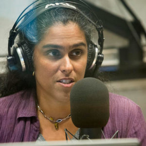 On Point co-host Meghna Chakrabarti on air in the WBUR studio.